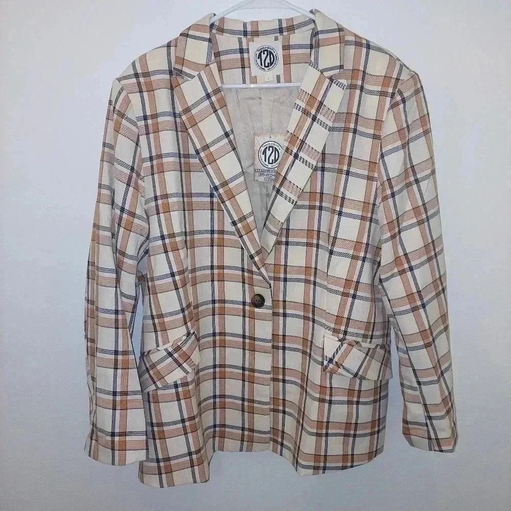 T2D Tees2urdoor Womens Size L Boyfriend Brown Plaid Blazer  NWT